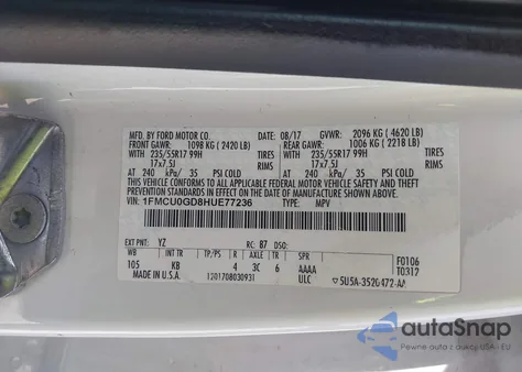 2017 Ford Escape Se from USA, damaged, VIN 1FMCU0GD8HUE77236